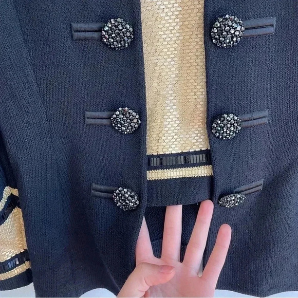 St. John Evening Marie Gray Jacket Blazer Jeweled Black Metallic Gold Shoulder - Picture 5 of 14